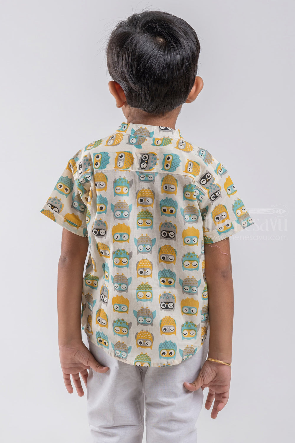 The Nesavu Boys Cotton Shirt Indie Wear Shirt for Boys | Wooden Button Detail | Nesavu | Sleepy Owl Printed psr silks Nesavu