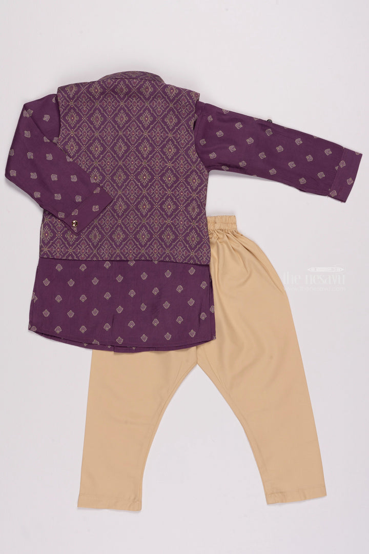 The Nesavu Boys Jacket Sets Indigo Illusion: Purple Ajrakh Overcoat Butta Kurta & Pristine White Pant Ensemble for Boys Nesavu Trendy Boys Kurta Set | Designer Ethnic Outfit Collection | The Nesavu