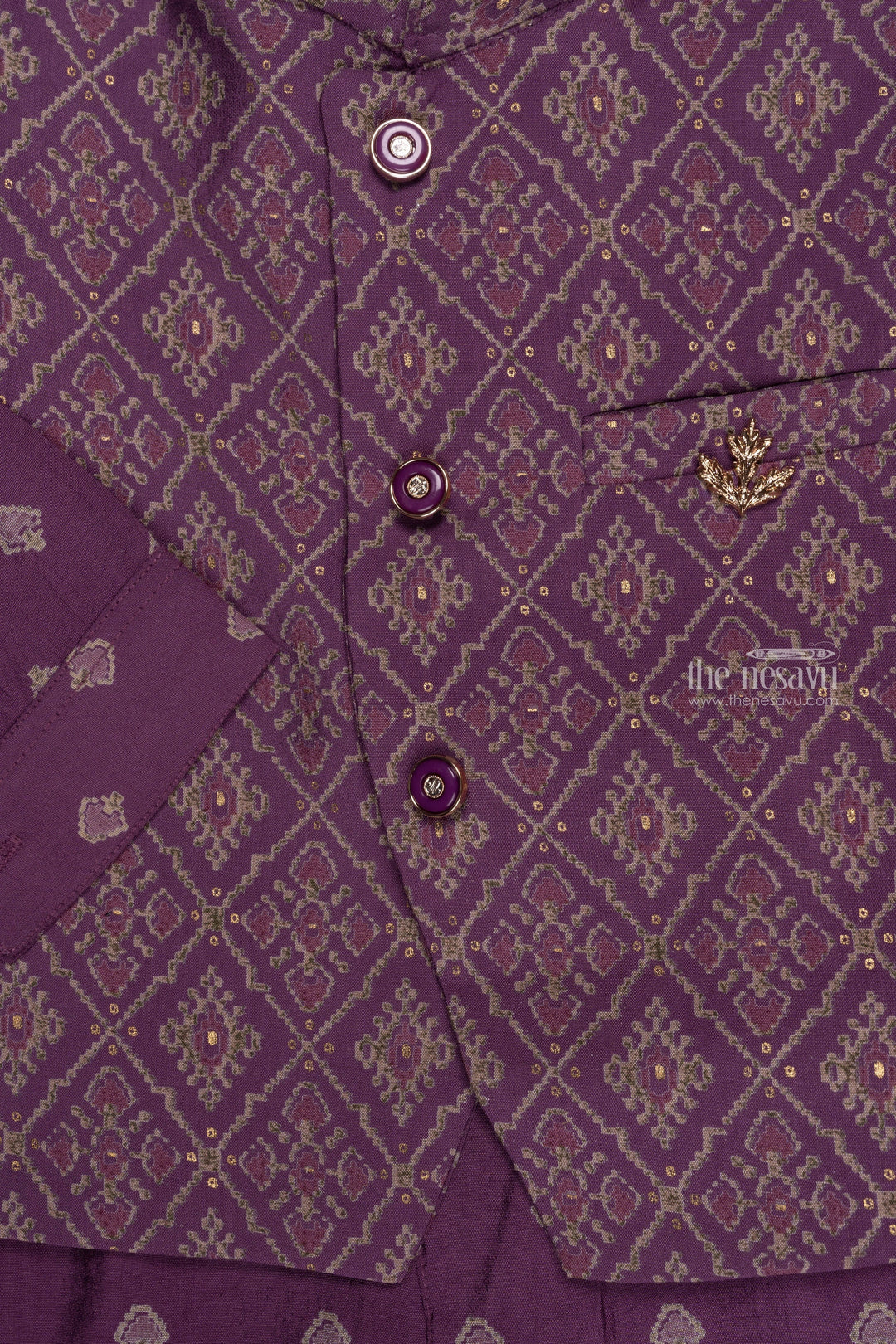 The Nesavu Boys Jacket Sets Indigo Illusion: Purple Ajrakh Overcoat Butta Kurta & Pristine White Pant Ensemble for Boys Nesavu Trendy Boys Kurta Set | Designer Ethnic Outfit Collection | The Nesavu