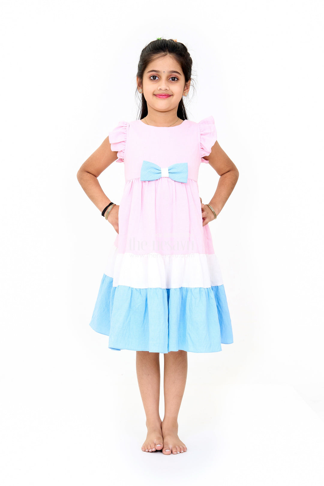 The Nesavu Girls Fancy Frock Indo Western Dress with Tiered Ruffle Hem and Contrast Bow Design for Girls Nesavu 16 (1Y) / Yellow GFC1507B-16 Nesavu Indo Western Dress Tiered Ruffles Elegant Bow Girls