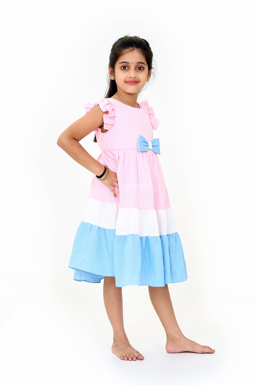 The Nesavu Girls Fancy Frock Indo Western Dress with Tiered Ruffle Hem and Contrast Bow Design for Girls Nesavu Nesavu Indo Western Dress Tiered Ruffles Elegant Bow Girls