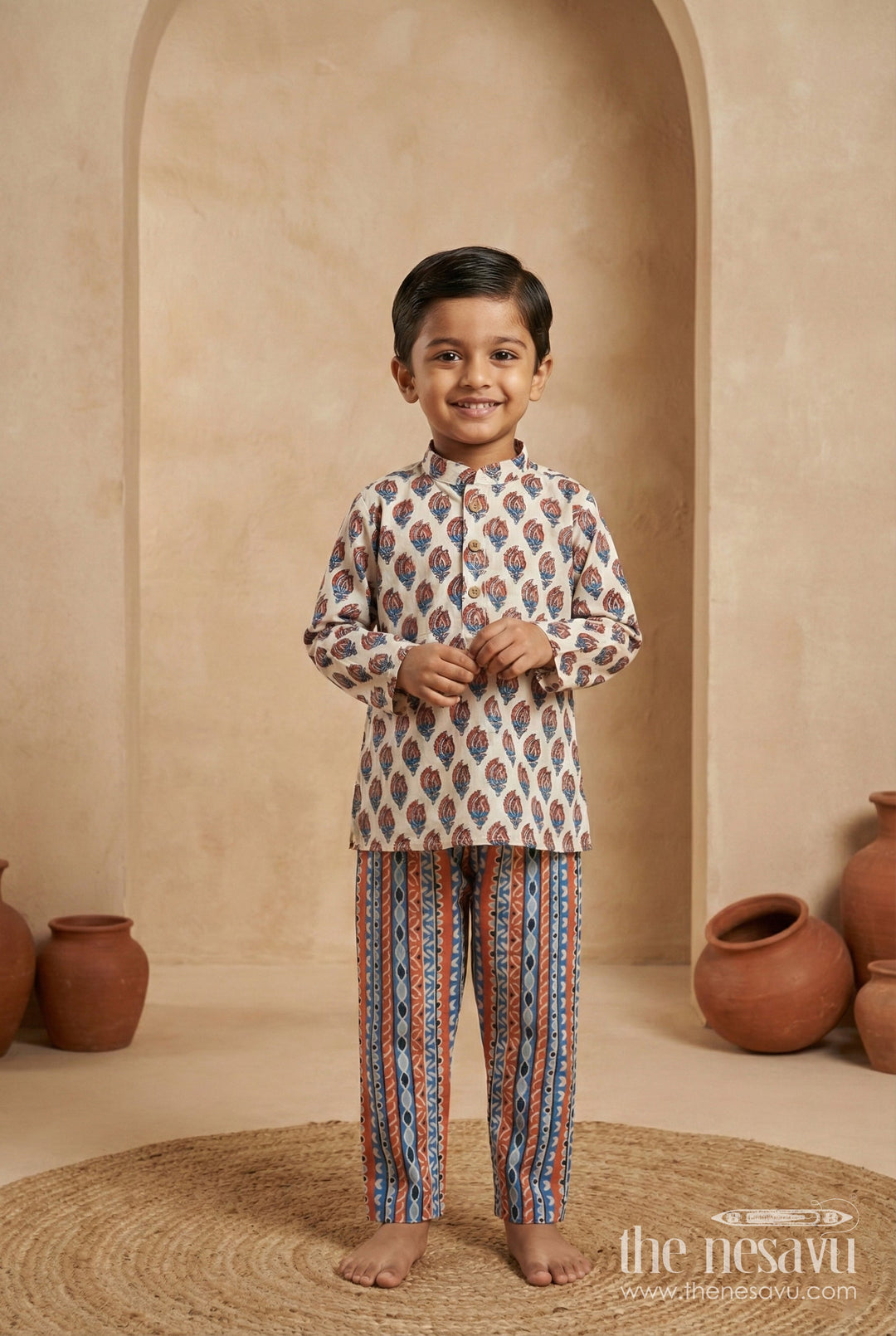 The Nesavu Boys Dothi Set Indowestern Dhoti Set for Boys Nehru Jacket Occasionwear Nesavu 12 (3M) / White BES730A-12 Nesavu Kids Cotton Kurta Set Traditional Block Print Striped Bottoms Festivals
