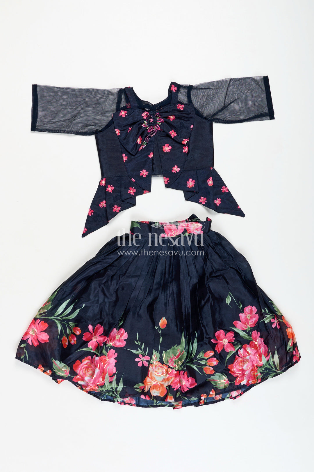 The Nesavu Girls Lehenga Choli Indowestern Lehenga for Girls Stylish Printed Ensemble Nesavu Nesavu Indowestern Lehenga Girls Muslin Silk Black Floral Digital Print Trendy Silhouette