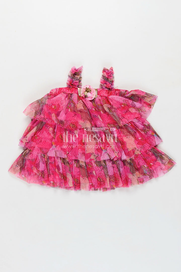 The Nesavu Baby Fancy Frock Infant Apparel Pink Baby Fancy Frock with Floral Digital Print and Layered Ruffles in Soft Net Fabric Nesavu 14 (6M) / Pink BFJ799A-14 Nesavu Infant Apparel Pink Ruffled Baby Frock Soft Net Floral Digital Prints Special Occasions