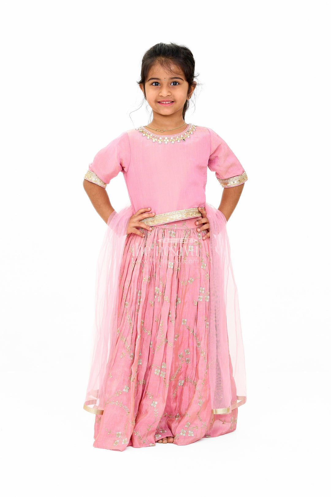 The Nesavu Girls Lehenga Choli Infant Christmas Outfit in Georgette Lehenga Choli with Embellished Details Nesavu 16 (1Y) / Pink GL546A-16 Nesavu GL546A Infant Christmas Lehenga Choli Set Georgette Embellished Details
