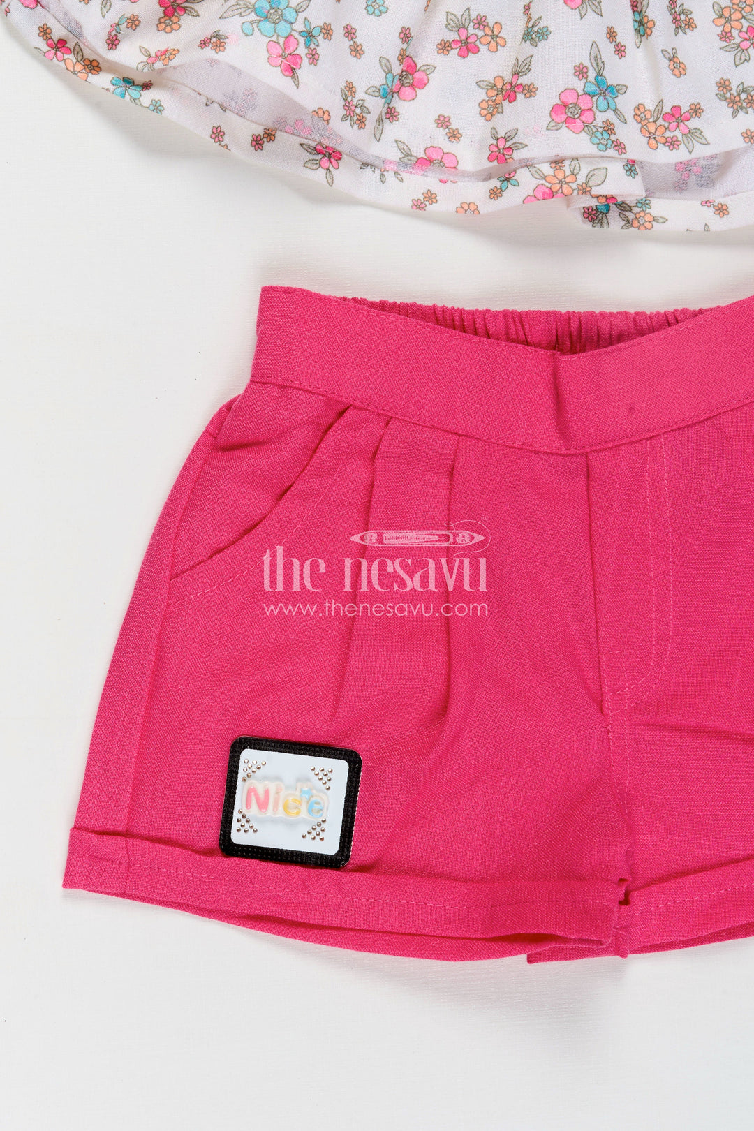 The Nesavu Baby Casual Sets Infant Clothing Online White Floral Kora Cotton Top with Ruffle Sleeves and Pink Shorts Set Nesavu Nesavu Infant Clothing Online Floral Printed Kora Cotton Top Pink Shorts Baby Girls
