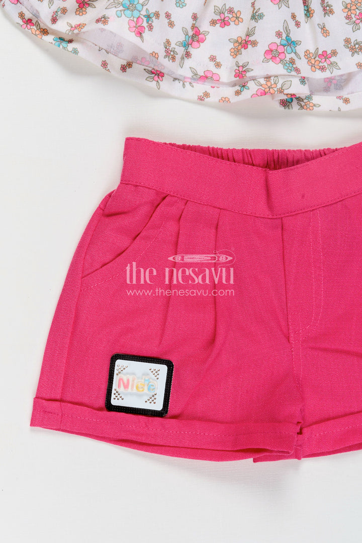 The Nesavu Baby Casual Sets Infant Clothing Online White Floral Kora Cotton Top with Ruffle Sleeves and Pink Shorts Set Nesavu Nesavu Infant Clothing Online Floral Printed Kora Cotton Top Pink Shorts Baby Girls