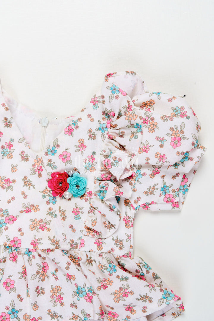 The Nesavu Baby Casual Sets Infant Clothing Online White Floral Kora Cotton Top with Ruffle Sleeves and Pink Shorts Set Nesavu Nesavu Infant Clothing Online Floral Printed Kora Cotton Top Pink Shorts Baby Girls