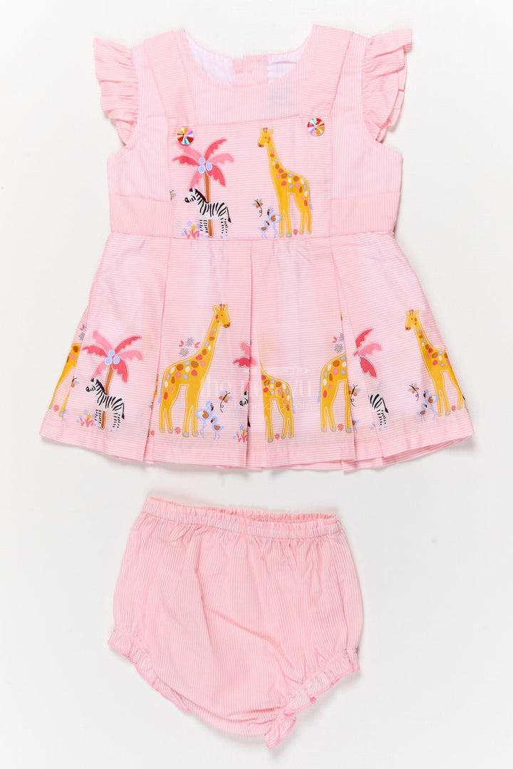 The Nesavu Baby Cotton Frocks Infant Cotton Frock with Animal Print for Casual Daywear Nesavu 16 (1Y) / Peach / Cotton Blend BFJ914B-16 Nesavu infant cotton frock with matching bloomer and safari print for casual wear