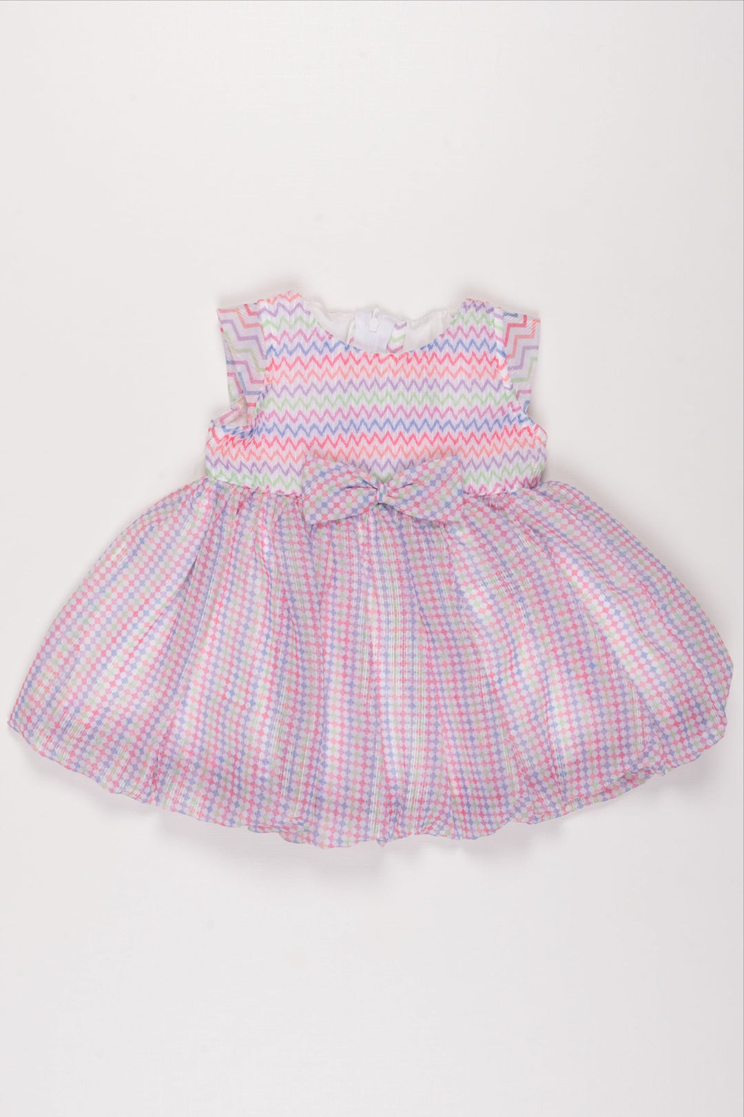The Nesavu Baby Fancy Frock Infant Girl's Colorful Chevron and Gingham Frock with Bow Detail Nesavu 12 (3M) / multicolor / Georgette BFJ505B-12 Colorful Chevron & Gingham Frock for Infants | Casual Summer Dress | The Nesavu