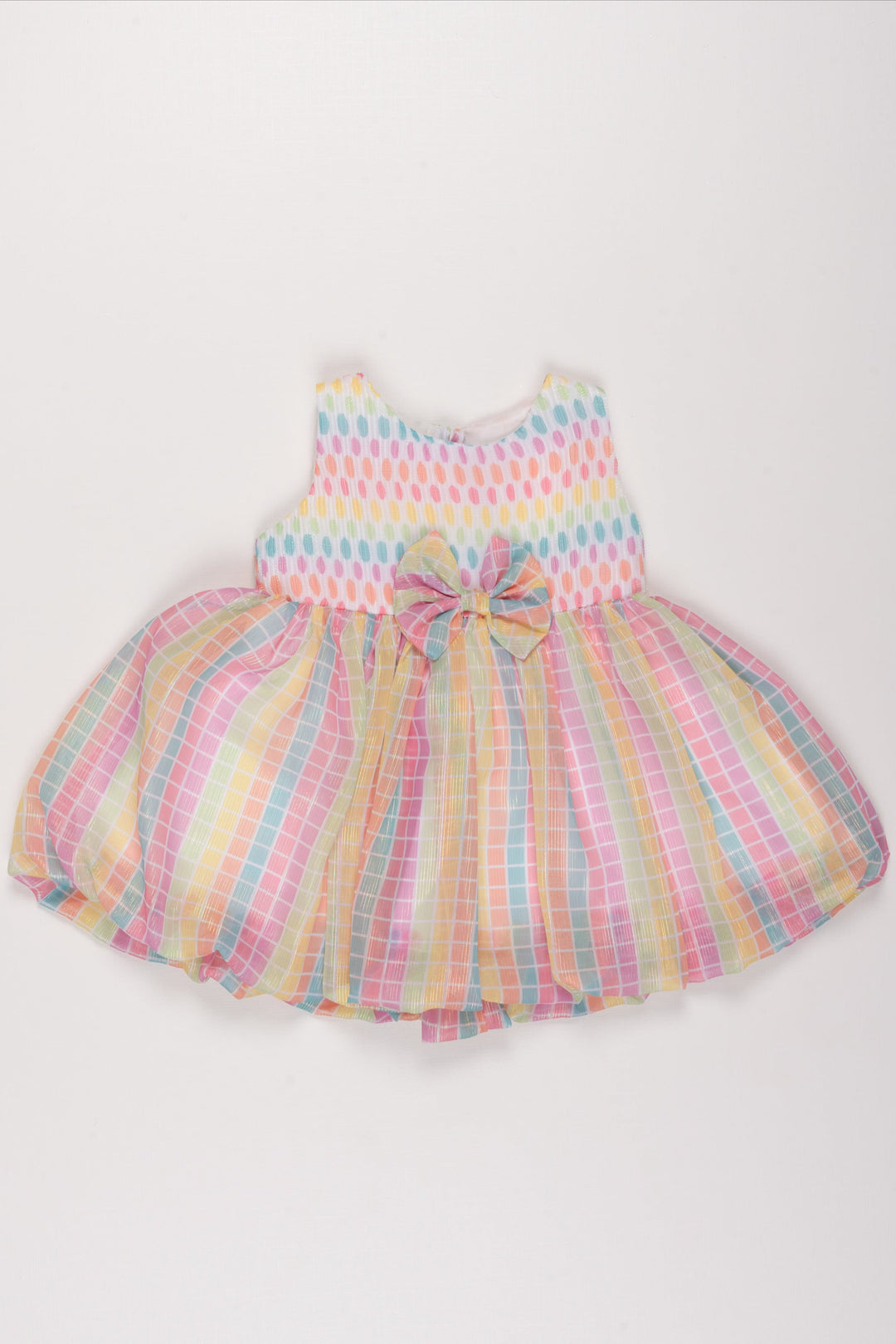 The Nesavu Baby Fancy Frock Infant Girl's Rainbow Plaid Frock with Polka Dot Bodice and Bow Accent - Perfect for Birthday Parties Nesavu 12 (3M) / Yellow BFJ504A-12 Rainbow Plaid and Polka Dot Frock for Infants | Festive Party Dress | The Nesavu