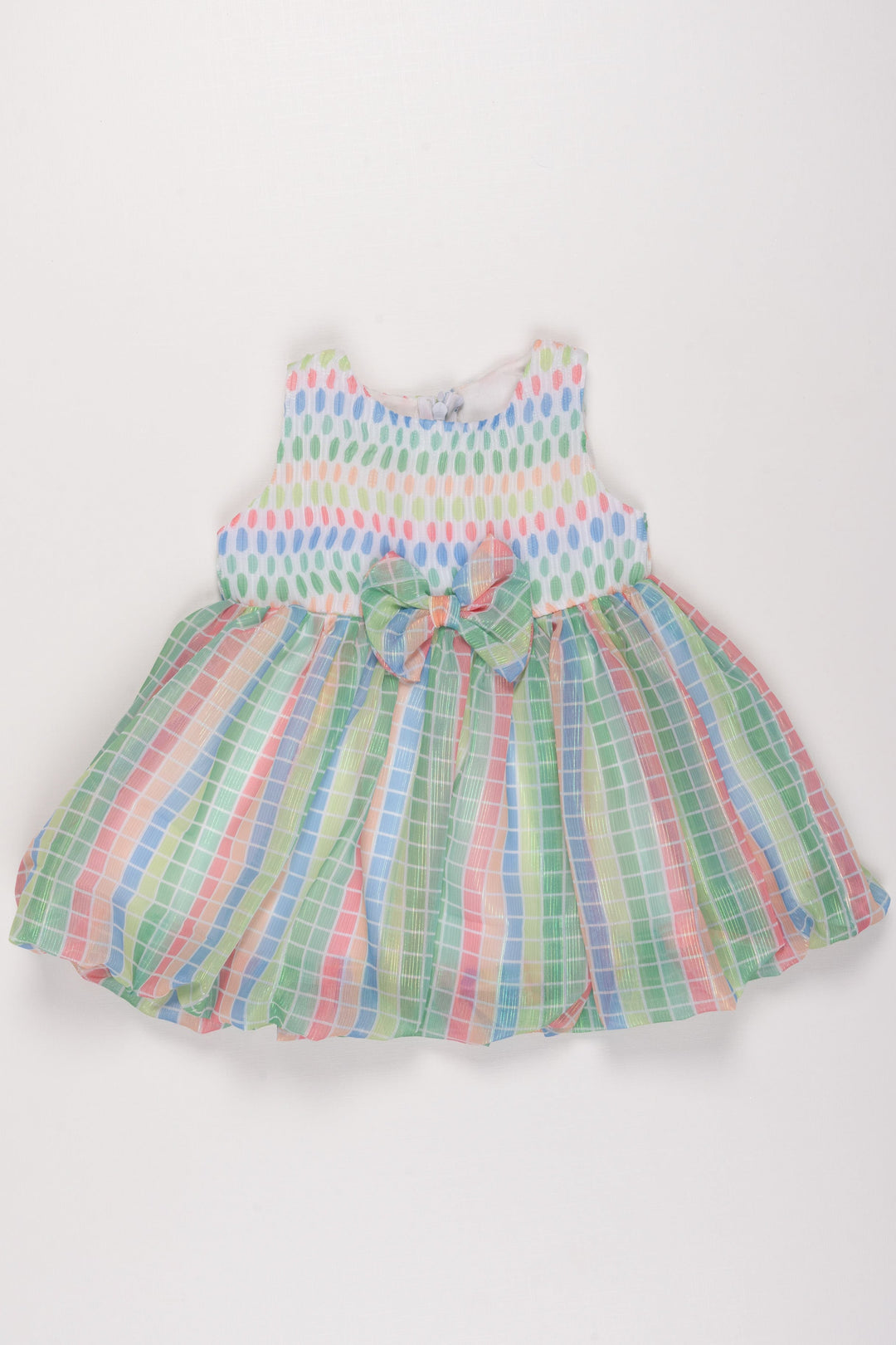 The Nesavu Baby Fancy Frock Infant Girl's Spring Green Plaid Frock with Polka Dot Bodice and Decorative Bow Nesavu 12 (3M) / Green BFJ504B-12 Spring Green Plaid & Polka Dot Frock for Infants | Easter Party Dress | The Nesavu