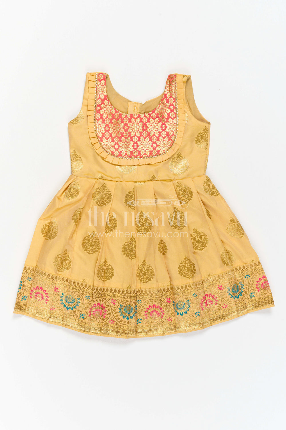 The Nesavu Girls Kanchi Silk Frock Infant Kanchi Silk Frock for Naming Ceremony and Pooja Nesavu 18 (2Y) / Yellow / Style 1 KSF042BA-18 Nesavu Infant Kanchi Silk Frock For Naming Ceremony And Pooja With Small Border Design