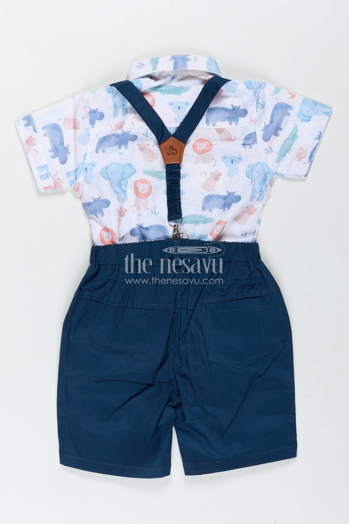 The Nesavu Boys Casual Set Infant Navy Blue Dress Set for Boys with Animal Printed Cotton Shirt and Coordinated Shorts Nesavu Nesavu Infant Navy Blue Dress Set Boys Animal Print Shirt Cotton Shorts Suspenders