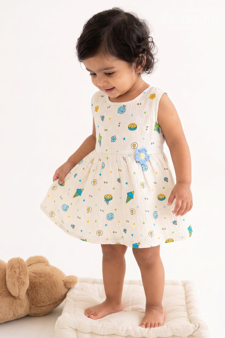 The Nesavu Baby Cotton Frocks Infant Printed Frock for Family Picnic Days Nesavu 14 (6M) / Cream / Muslin Cotton BFJ1016B-14 Nesavu Infant Printed Frock For Family Picnic Days With Breathable Muslin Cotton And Soft Flare