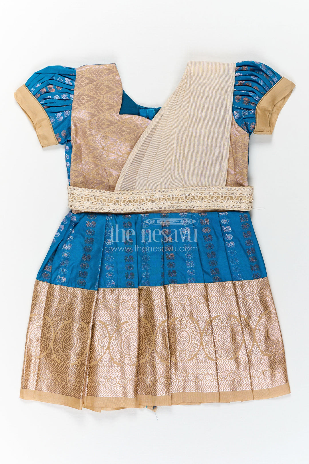 The Nesavu Girls Kanchi Silk Frock Infant Silk Dress in Semi Kanchivaram with Royal Blue Weave Thread Embroidery and Lace Dupatta Accent Nesavu 16 (1Y) / Blue / Style 1 SF843BA-16 Nesavu Infant Silk Dress in Royal Blue Semi Kanchivaram with Embroidered Lace Dupatta and Gold Zari Finish