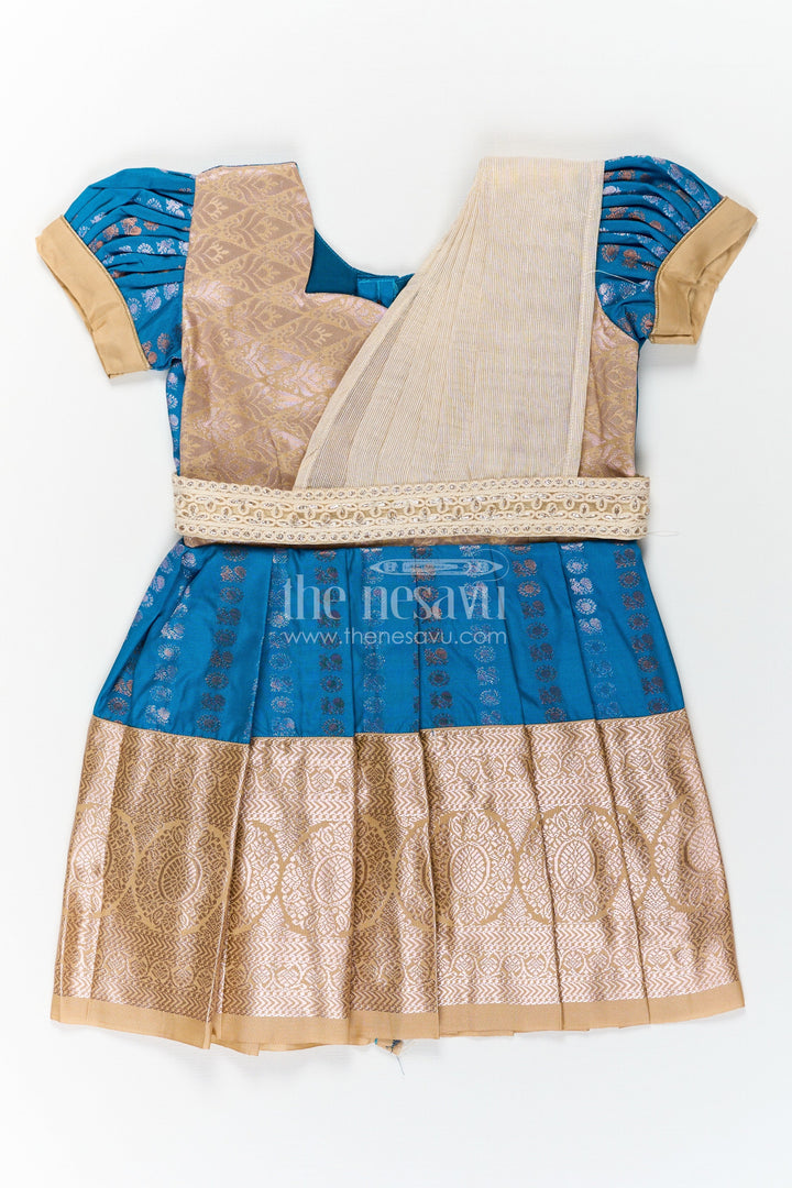 The Nesavu Girls Kanchi Silk Frock Infant Silk Dress in Semi Kanchivaram with Royal Blue Weave Thread Embroidery and Lace Dupatta Accent Nesavu 16 (1Y) / Blue / Style 1 SF843BA-16 Nesavu Infant Silk Dress in Royal Blue Semi Kanchivaram with Embroidered Lace Dupatta and Gold Zari Finish