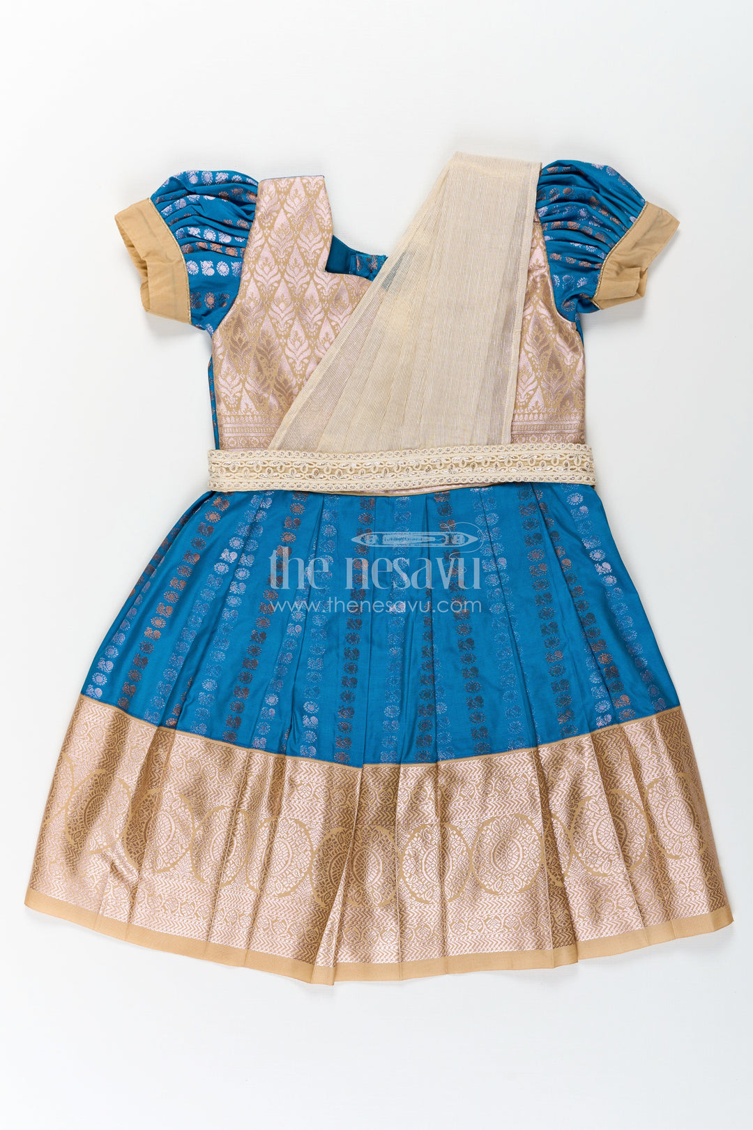 The Nesavu Girls Kanchi Silk Frock Infant Silk Dress in Semi Kanchivaram with Royal Blue Weave Thread Embroidery and Lace Dupatta Accent Nesavu 20 (3Y) / Blue / Style 2 SF843BB-20 Nesavu Infant Silk Dress in Royal Blue Semi Kanchivaram with Embroidered Lace Dupatta and Gold Zari Finish