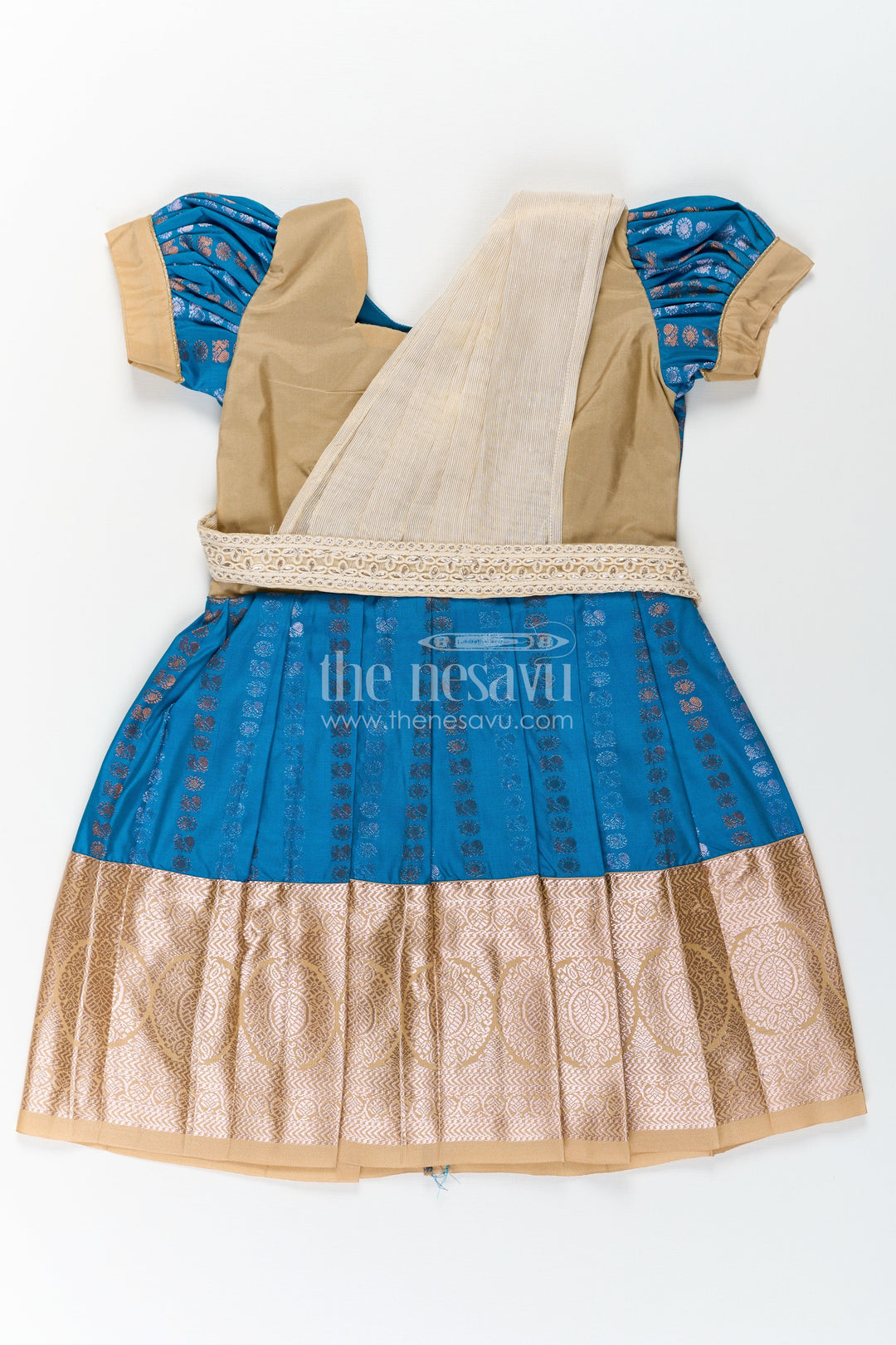 The Nesavu Girls Kanchi Silk Frock Infant Silk Dress in Semi Kanchivaram with Royal Blue Weave Thread Embroidery and Lace Dupatta Accent Nesavu 20 (3Y) / Blue / Style 3 SF843BC-20 Nesavu Infant Silk Dress in Royal Blue Semi Kanchivaram with Embroidered Lace Dupatta and Gold Zari Finish