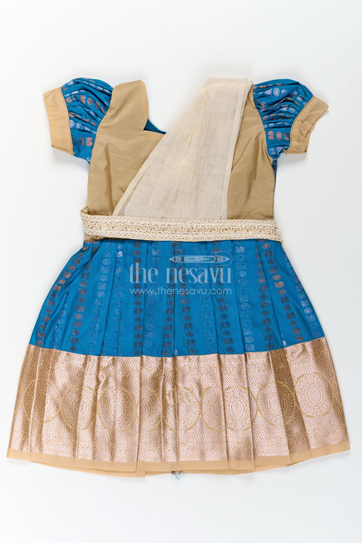 The Nesavu Girls Kanchi Silk Frock Infant Silk Dress in Semi Kanchivaram with Royal Blue Weave Thread Embroidery and Lace Dupatta Accent Nesavu 20 (3Y) / Blue / Style 3 SF843BC-20 Nesavu Infant Silk Dress in Royal Blue Semi Kanchivaram with Embroidered Lace Dupatta and Gold Zari Finish