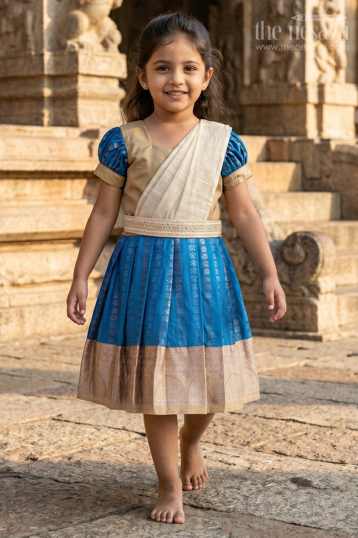 The Nesavu Girls Kanchi Silk Frock Infant Silk Dress in Semi Kanchivaram with Royal Blue Weave Thread Embroidery and Lace Dupatta Accent Nesavu Infant Silk Dress in Royal Blue Semi Kanchivaram with Embroidered Lace Dupatta and Gold Zari Finish | The Nesavu