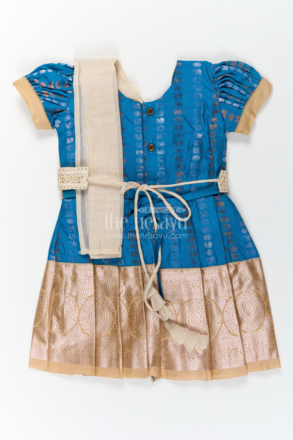 The Nesavu Girls Kanchi Silk Frock Infant Silk Dress in Semi Kanchivaram with Royal Blue Weave Thread Embroidery and Lace Dupatta Accent Nesavu Nesavu Infant Silk Dress in Royal Blue Semi Kanchivaram with Embroidered Lace Dupatta and Gold Zari Finish