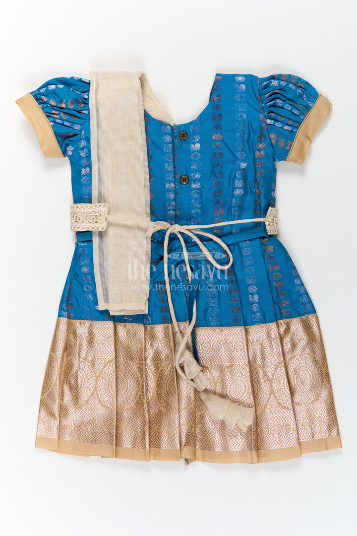 The Nesavu Girls Kanchi Silk Frock Infant Silk Dress in Semi Kanchivaram with Royal Blue Weave Thread Embroidery and Lace Dupatta Accent Nesavu Nesavu Infant Silk Dress in Royal Blue Semi Kanchivaram with Embroidered Lace Dupatta and Gold Zari Finish