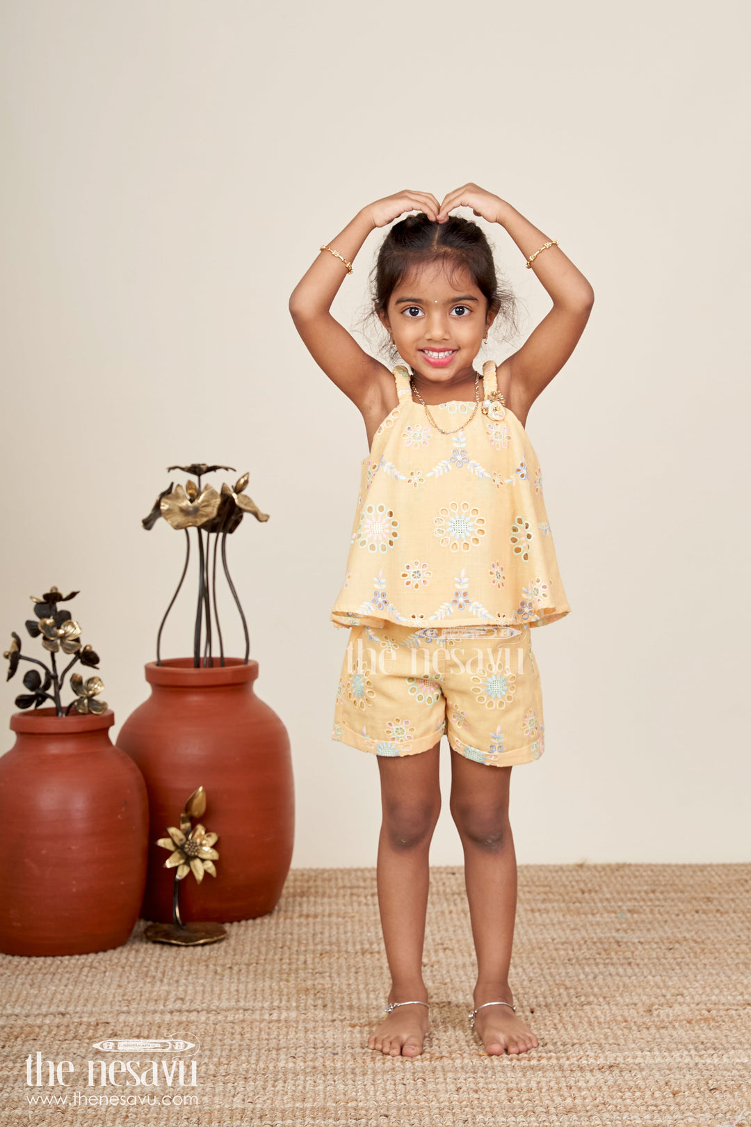 The Nesavu Baby Casual Sets Infant Summer Clothes Yellow Hakoba Embroidered Baby Top and Shorts Set with Pastel Floral Detailing Nesavu 18 (2Y) / Yellow BFJ801B-18 Nesavu Infant Summer Clothes Yellow Hakoba Embroidered Baby Set Floral Cutwork Top Shorts