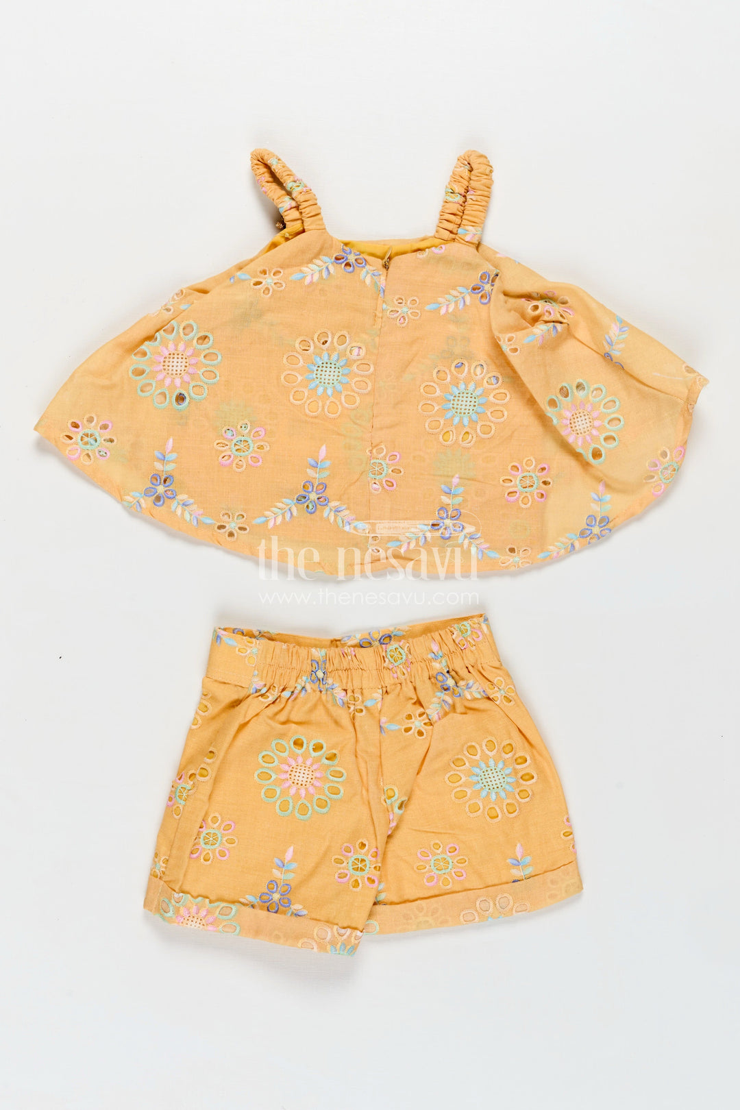 The Nesavu Baby Casual Sets Infant Summer Clothes Yellow Hakoba Embroidered Baby Top and Shorts Set with Pastel Floral Detailing Nesavu Nesavu Infant Summer Clothes Yellow Hakoba Embroidered Baby Set Floral Cutwork Top Shorts