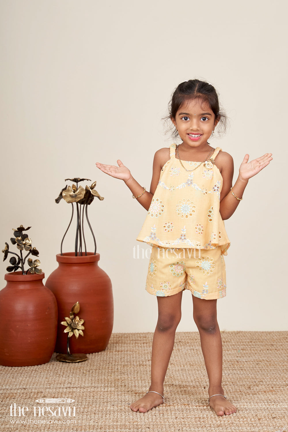 The Nesavu Baby Casual Sets Infant Summer Clothes Yellow Hakoba Embroidered Baby Top and Shorts Set with Pastel Floral Detailing Nesavu Nesavu Infant Summer Clothes Yellow Hakoba Embroidered Baby Set Floral Cutwork Top Shorts