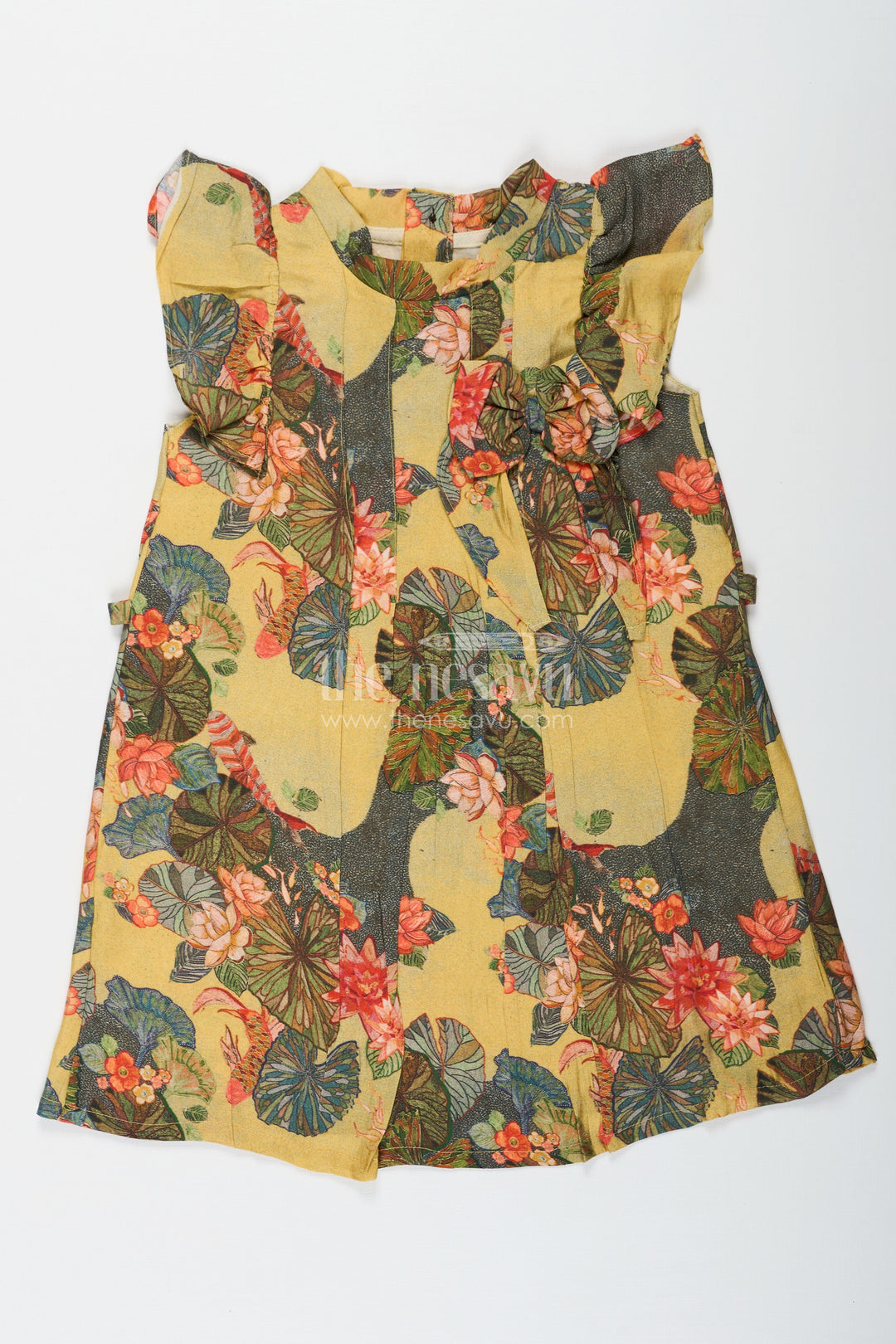 The Nesavu Girls Chanderi Frock Infants Yellow Viscose Silk Frock with Vibrant Floral Digital Print Perfect for Infant Party Dress Style Nesavu 18 (2Y) / Yellow GFC1688A-18 Nesavu Infant Yellow Viscose Silk Party Dress Colorful Floral Digital Print Perfect Special Moments