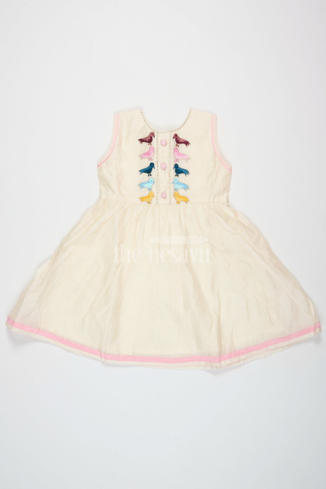 The Nesavu Girls Cotton Frock Ivory Chanderi Cotton Frock for Girls with Colorful Bird Embroidery and Pink Trim Nesavu 16 (1Y) / Half white GFC1426A-16 Nesavu Girls Ivory Chanderi Cotton Frock Bird Embroidery Pink Hem Trim