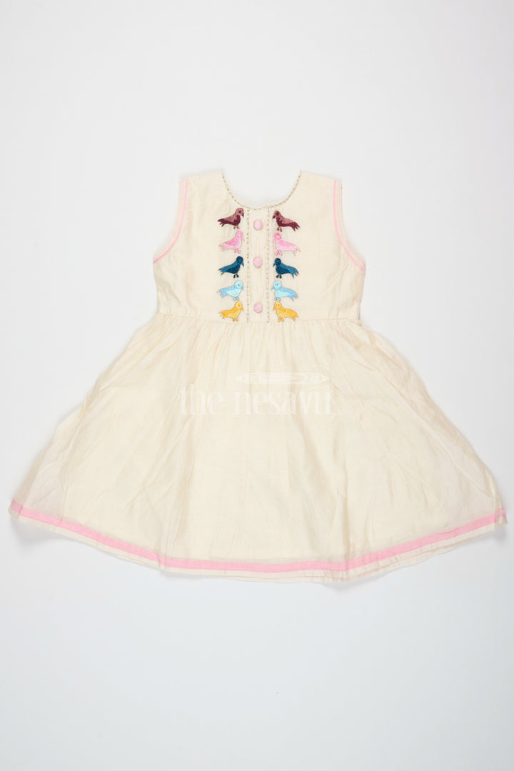 The Nesavu Girls Cotton Frock Ivory Chanderi Cotton Frock for Girls with Colorful Bird Embroidery and Pink Trim Nesavu 16 (1Y) / Half white GFC1426A-16 Nesavu Girls Ivory Chanderi Cotton Frock Bird Embroidery Pink Hem Trim