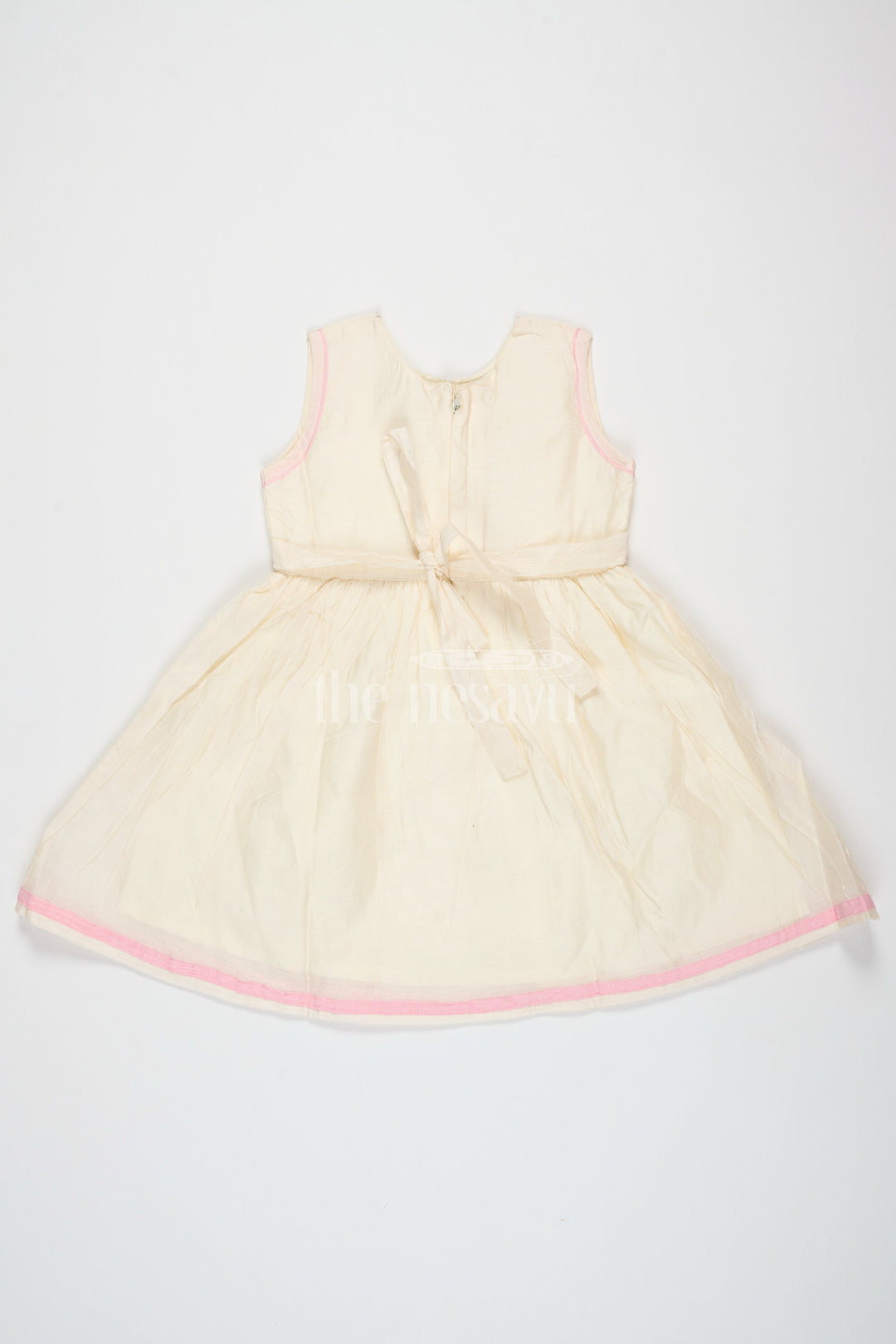 The Nesavu Girls Cotton Frock Ivory Chanderi Cotton Frock for Girls with Colorful Bird Embroidery and Pink Trim Nesavu Nesavu Girls Ivory Chanderi Cotton Frock Bird Embroidery Pink Hem Trim