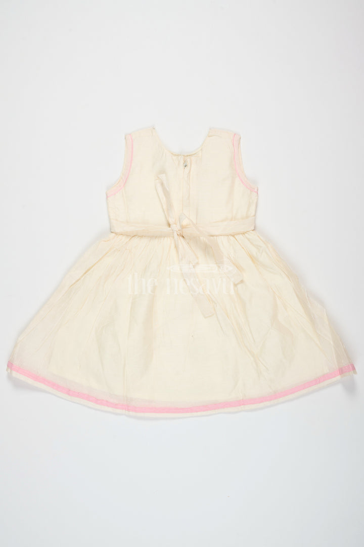 The Nesavu Girls Cotton Frock Ivory Chanderi Cotton Frock for Girls with Colorful Bird Embroidery and Pink Trim Nesavu Nesavu Girls Ivory Chanderi Cotton Frock Bird Embroidery Pink Hem Trim