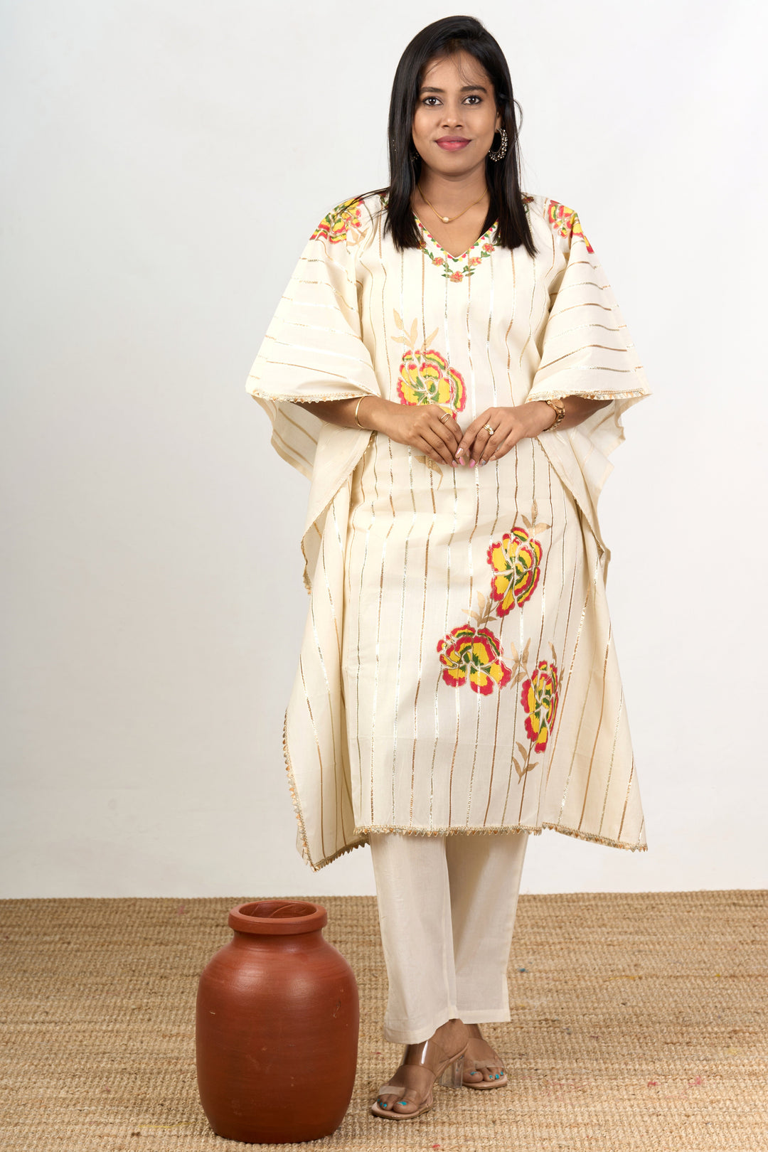 Ivory Co-Ord Dress Set Women Cotton Floral Embroidery - | The Nesavu The Nesavu Ivory Co-Ord Dress Set Women Cotton Floral Embroidery - | The Nesavu The Nesavu