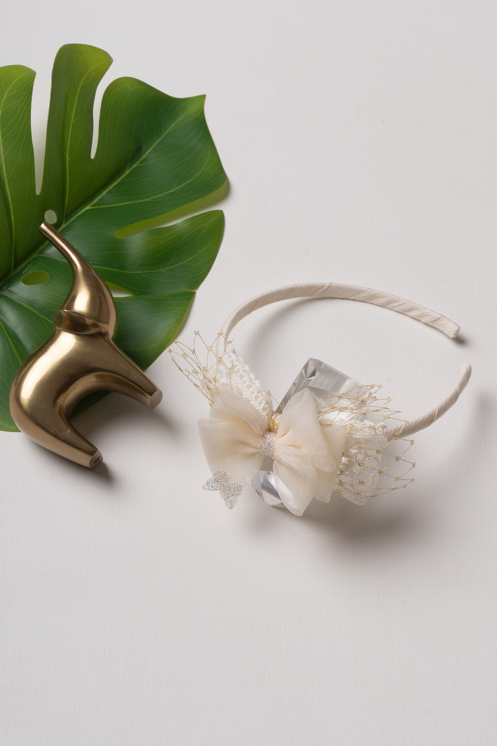 The Nesavu Hair Band Ivory Elegance Butterfly Hairbow with Gold Filigree and Lace Nesavu Half white JHB79B Satin Bow with Lace and Gold Detail | Sophisticated Hair Accessory | The Nesavu