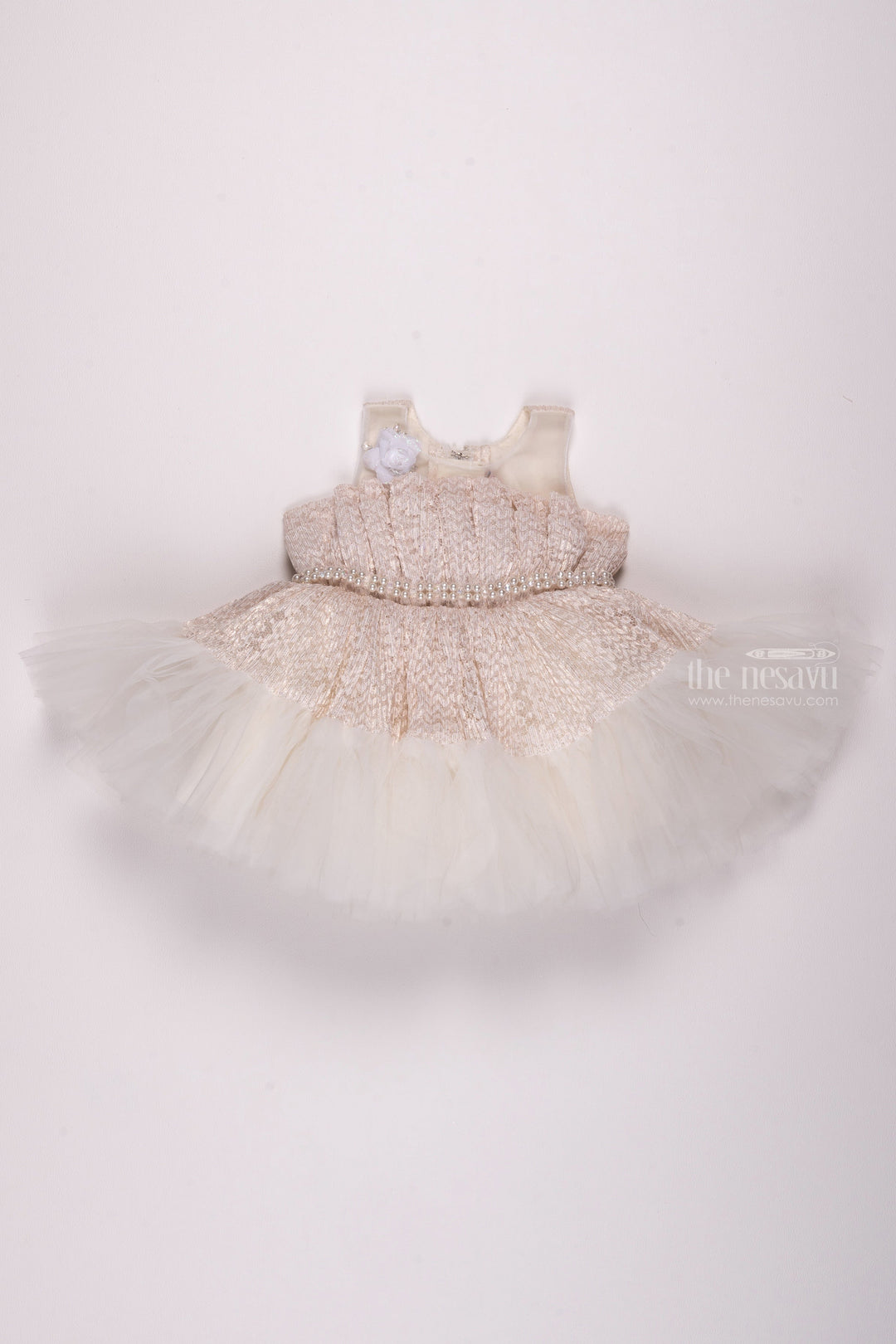 The Nesavu Girls Fancy Party Frock Ivory Elegance: Exquisite Floral Designer Russle Net Frock Adorned with Pearls Nesavu 16 (1Y) / Half white / Net PF149B-16 Fancy Dress for 3-Year-Old Birthday Girls | Elegant Party Frocks & Gowns | The Nesavu