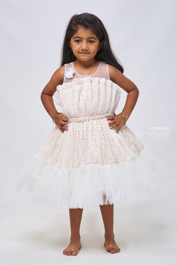 The Nesavu Girls Fancy Party Frock Ivory Elegance: Exquisite Floral Designer Russle Net Frock Adorned with Pearls Nesavu 16 (1Y) / Half white / Net PF149B-16 Fancy Dress for 3-Year-Old Birthday Girls | Elegant Party Frocks & Gowns | The Nesavu