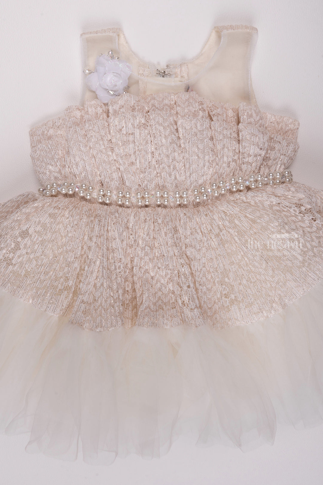 The Nesavu Girls Fancy Party Frock Ivory Elegance: Exquisite Floral Designer Russle Net Frock Adorned with Pearls Nesavu Fancy Dress for 3-Year-Old Birthday Girls | Elegant Party Frocks & Gowns | The Nesavu