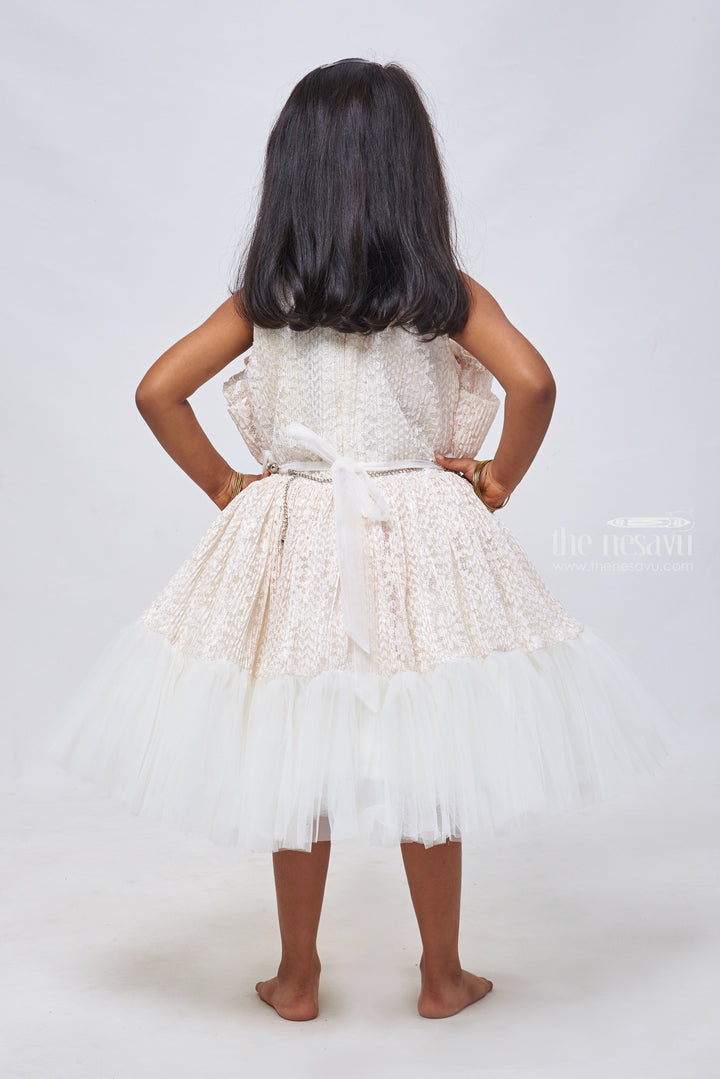 The Nesavu Girls Fancy Party Frock Ivory Elegance: Exquisite Floral Designer Russle Net Frock Adorned with Pearls Nesavu Fancy Dress for 3-Year-Old Birthday Girls | Elegant Party Frocks & Gowns | The Nesavu