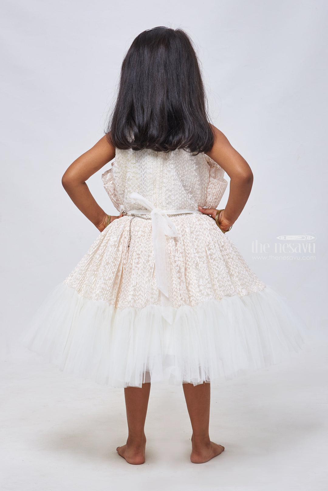 The Nesavu Girls Fancy Party Frock Ivory Elegance: Exquisite Floral Designer Russle Net Frock Adorned with Pearls Nesavu Fancy Dress for 3-Year-Old Birthday Girls | Elegant Party Frocks & Gowns | The Nesavu