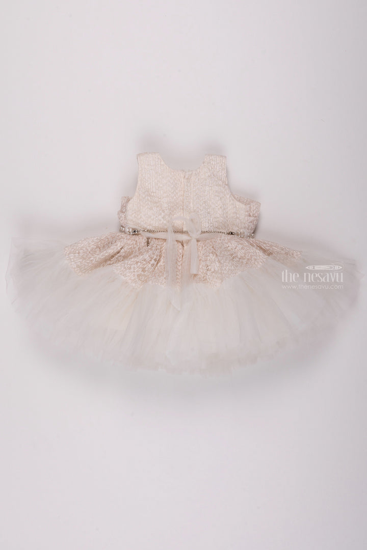 The Nesavu Girls Fancy Party Frock Ivory Elegance: Exquisite Floral Designer Russle Net Frock Adorned with Pearls Nesavu Fancy Dress for 3-Year-Old Birthday Girls | Elegant Party Frocks & Gowns | The Nesavu