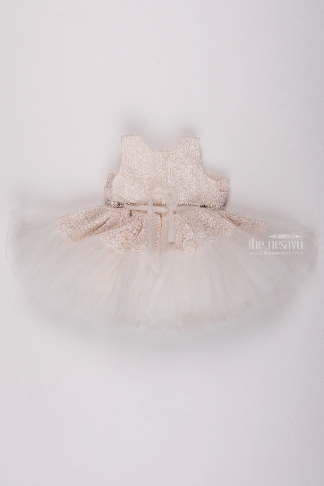 The Nesavu Girls Fancy Party Frock Ivory Elegance: Exquisite Floral Designer Russle Net Frock Adorned with Pearls Nesavu Fancy Dress for 3-Year-Old Birthday Girls | Elegant Party Frocks & Gowns | The Nesavu