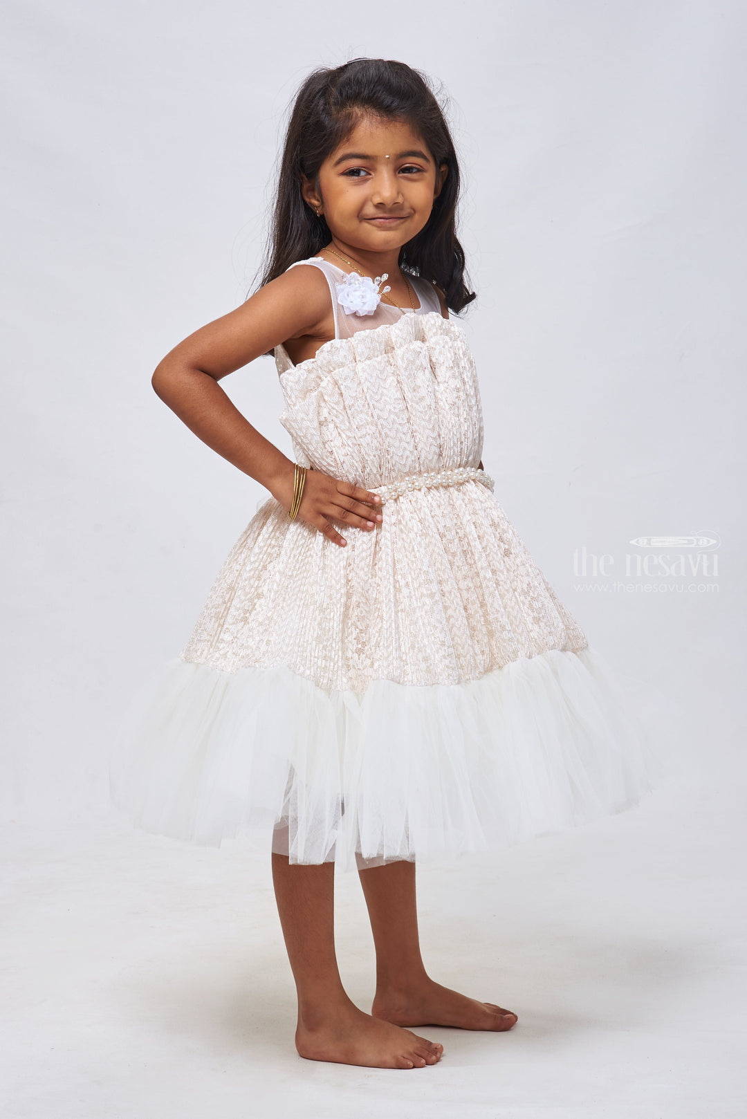 The Nesavu Girls Fancy Party Frock Ivory Elegance: Exquisite Floral Designer Russle Net Frock Adorned with Pearls Nesavu Fancy Dress for 3-Year-Old Birthday Girls | Elegant Party Frocks & Gowns | The Nesavu