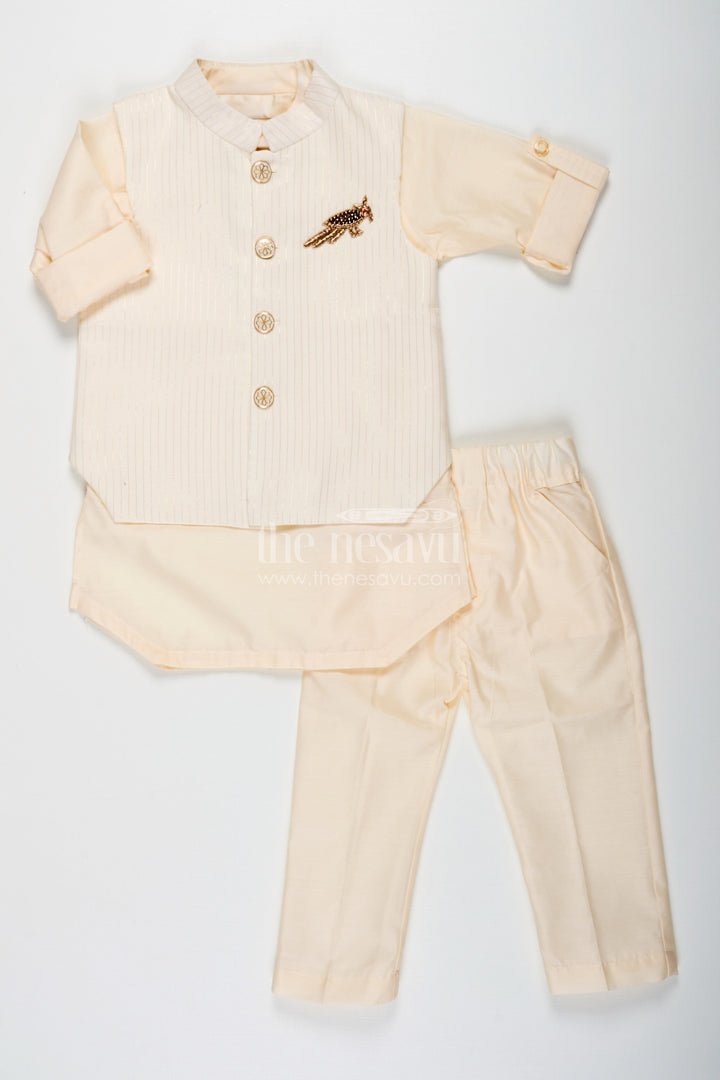 The Nesavu Boys Kurtha Set Ivory Kurta Set for Boys in Silk Blend with Designer Brooch Embellishment and Straight-Cut Pants Nesavu 16 (1Y) / Cream BCS235A-16 Nesavu Ivory Kurta Set for Boys in Silk Blend with Brooch Embellishment and Stylish Jacket Design