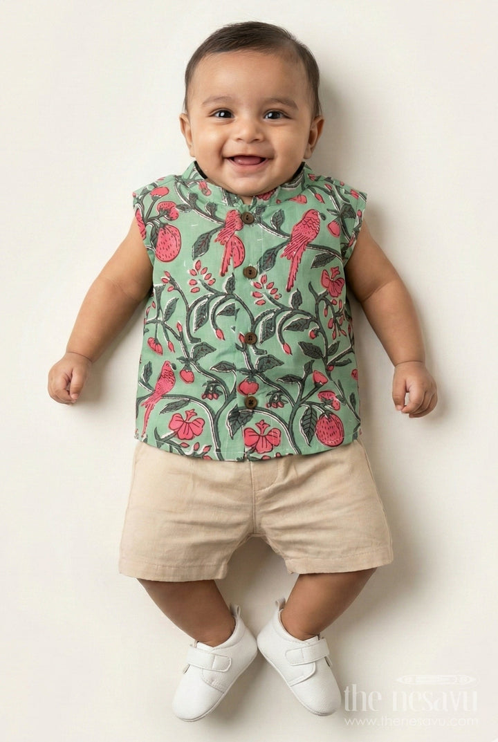 The Nesavu Baby Jablas Jabla Newborn Sleeveless Green Baby Shirt with Pink Bird and Floral Digital Prints Nesavu 10 (NB) / Green IF037A-10 Jabla Newborn Green Cotton Sleeveless Shirt Pink Parrot Floral Digital Prints | The Nesavu