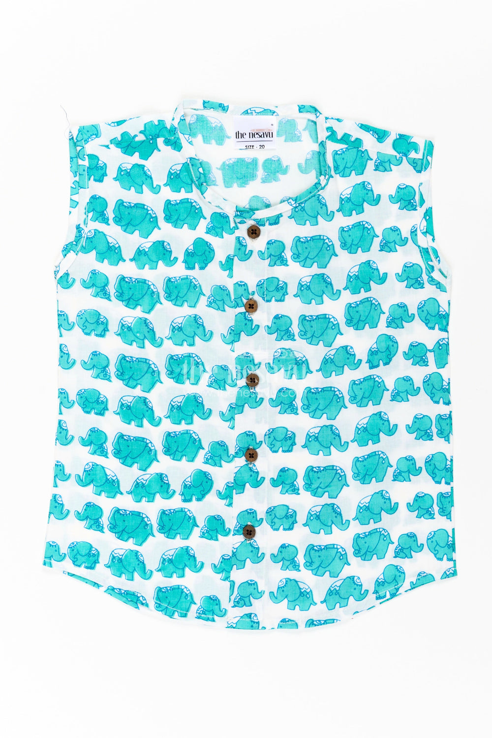 The Nesavu Baby Jablas Jablas for Newborn Boys Sleeveless Cotton Shirt with Cute Elephant Digital Print in Teal and White Nesavu Jablas Newborn Boys Cotton Sleeveless Shirt Teal Elephant Digital Print Wooden Buttons | The Nesavu