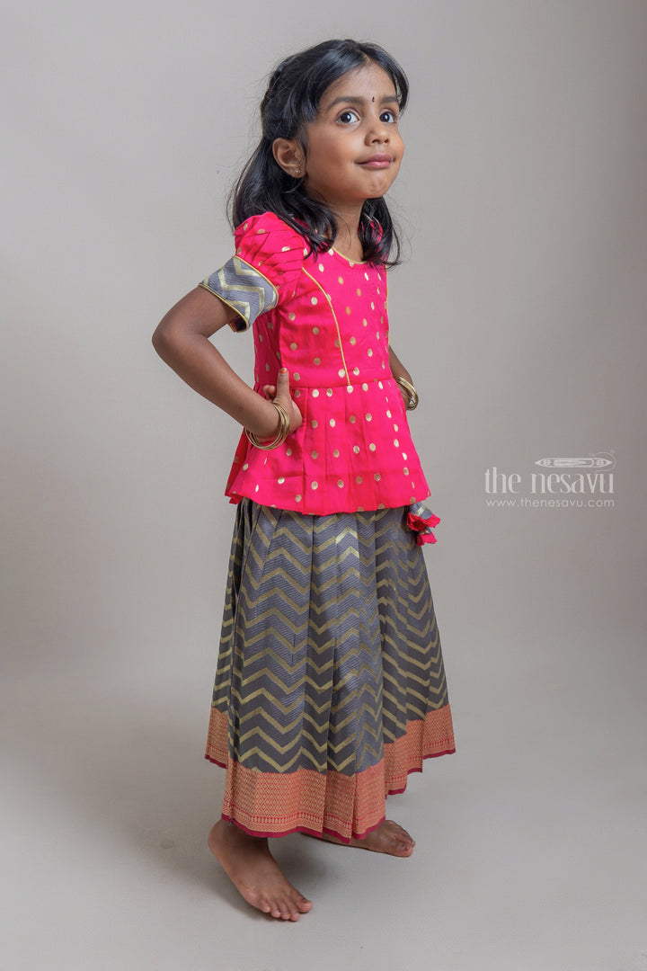The Nesavu Pattu Pavadai Jacquard Pink Polka Zari Peplum Blouse With Banarasi Brocade Pattu Pavadai Sattai Nesavu 12 (3M) / Pink / Jacquard GPP249A-12 Pattu Skirt And Designer Blouse 2023| Traditional Collection|The Nesavu