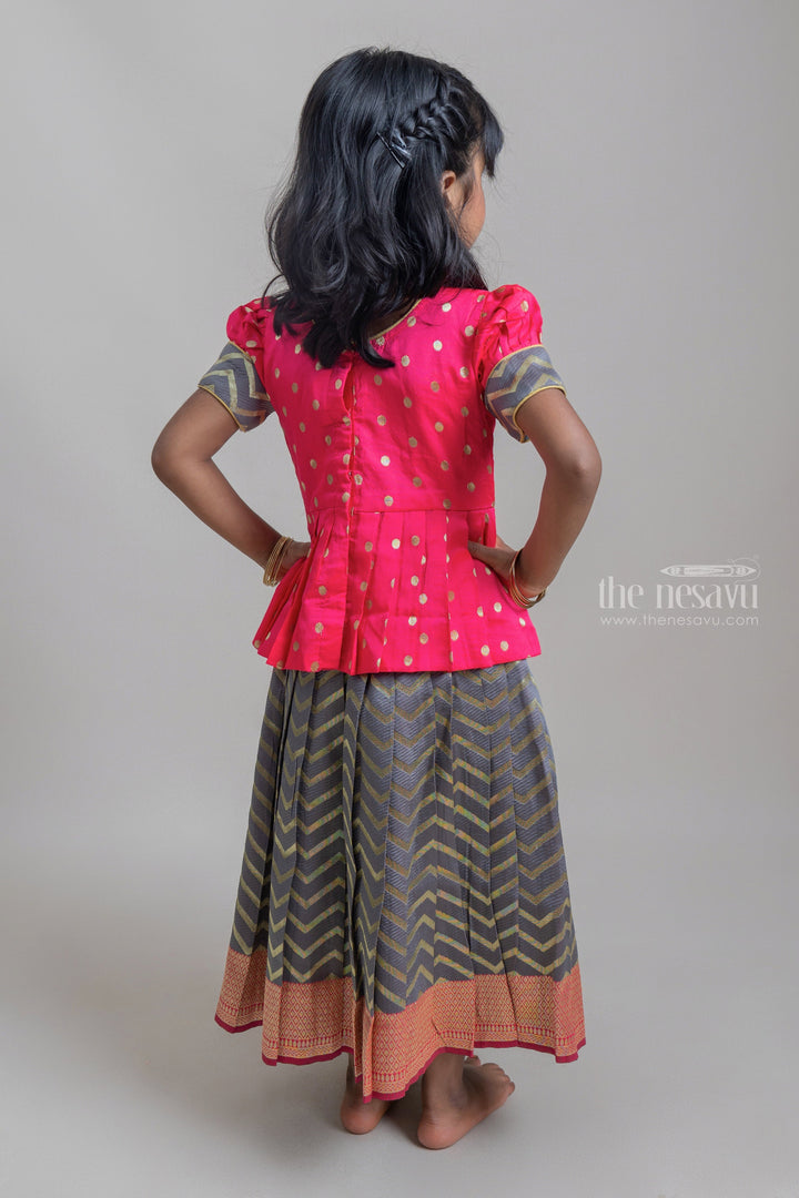 The Nesavu Pattu Pavadai Jacquard Pink Polka Zari Peplum Blouse With Banarasi Brocade Pattu Pavadai Sattai Nesavu Pattu Skirt And Designer Blouse 2023| Traditional Collection|The Nesavu